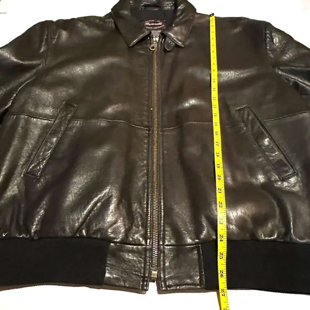 Facconable Black Leather Lambskin Bomber Biker Jacket Men's Large